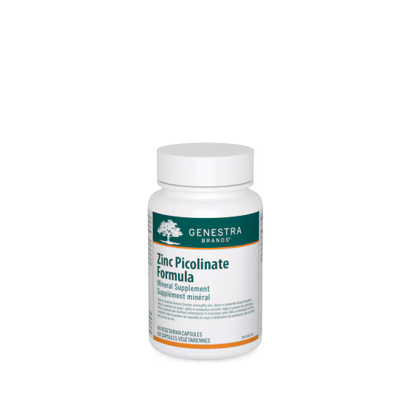A white plastic bottle of Genestra Brands Zinc Picolinate Formula dietary supplement, featuring a white label with a dark green top banner and orange accents, set against a plain white background.